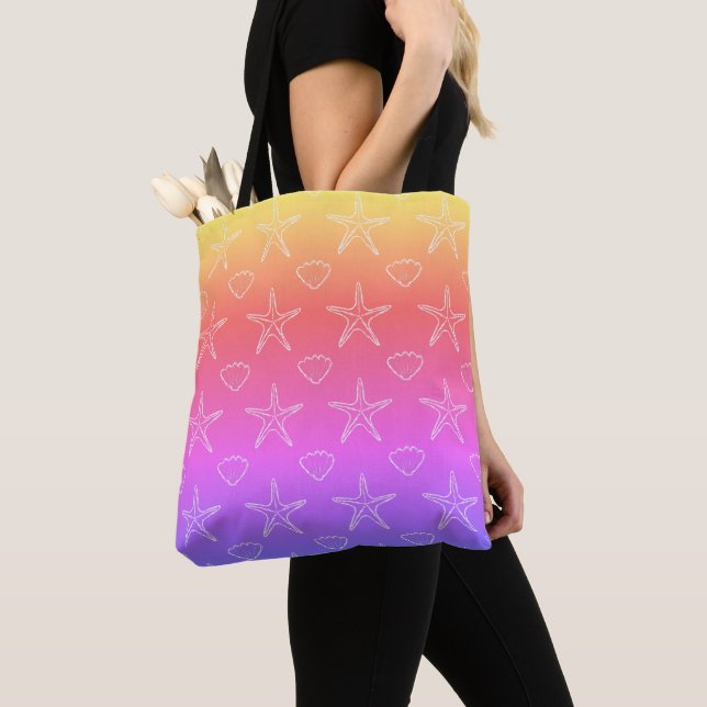 Starfish Seashell Sketch Pattern On Pastel Colours Tote Bag (Close Up)