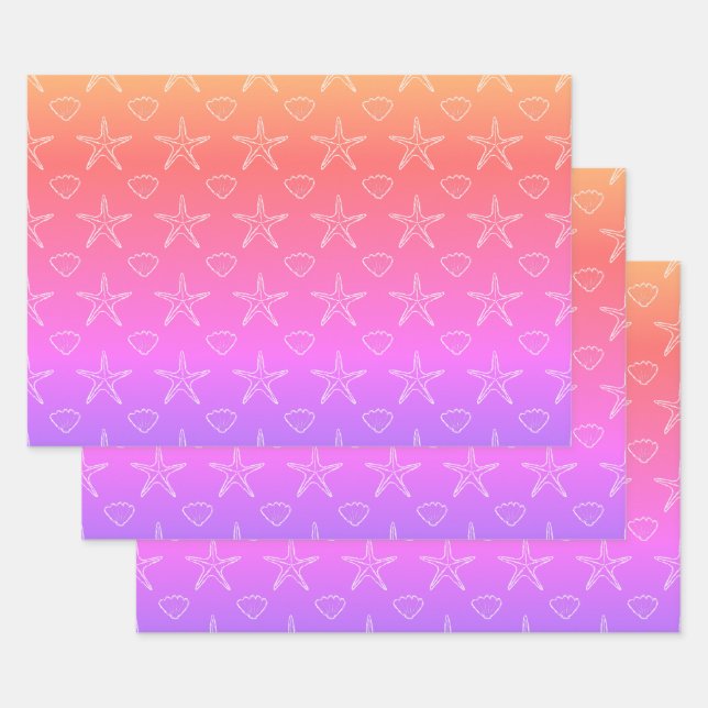 Starfish Seashell Sketch Pattern On Pastel Colours Wrapping Paper Sheet (Set)