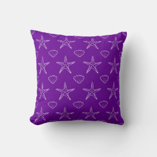 Starfish Seashell Sketch Pattern On Purple Cushion