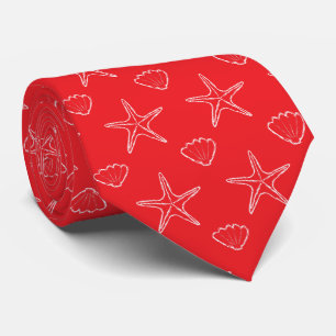 Starfish Seashell Sketch Pattern On Red Tie