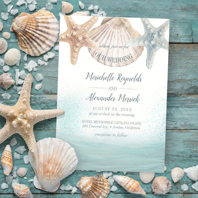 Starfish Seashells Nautical Beach Wedding Invitation (Creator Uploaded)