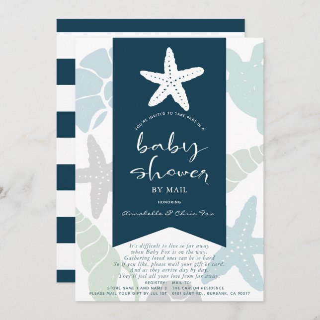 Starfish & Seashells Navy Blue Baby Shower by Mail Invitation (Front/Back)