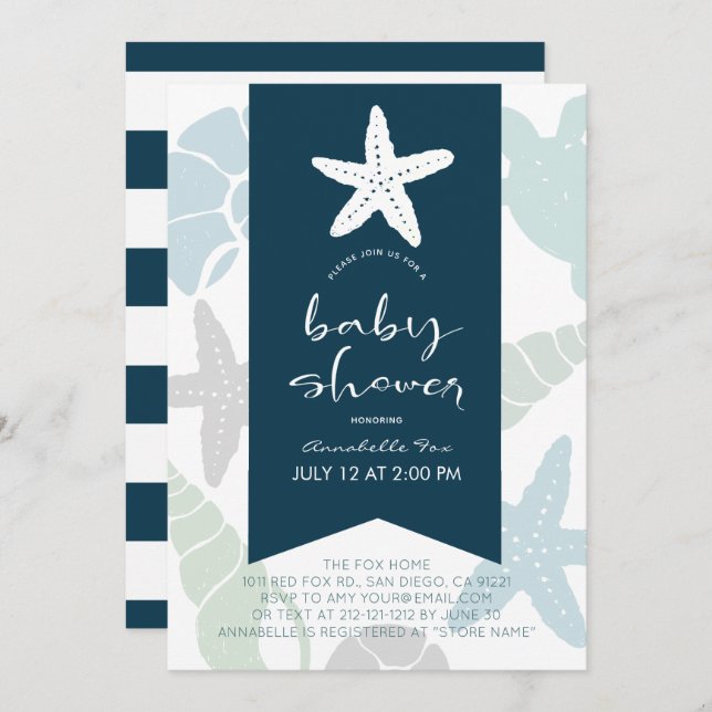 Starfish & Seashells Navy Blue Baby Shower Invitation (Front/Back)