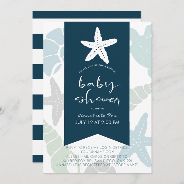 Starfish & Seashells Navy Blue Virtual Baby Shower Invitation (Front/Back)