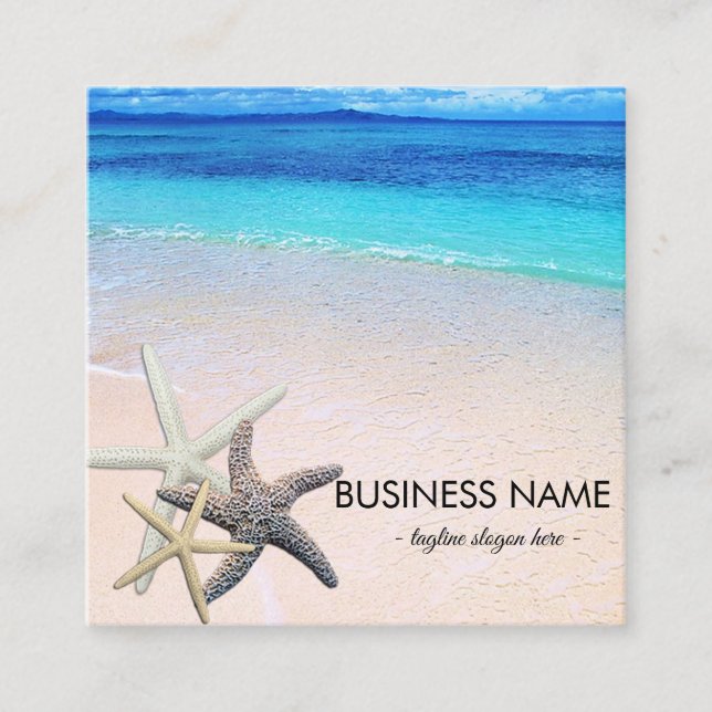 Starfish Seashells on Beautiful Beach Custom Square Business Card (Front)