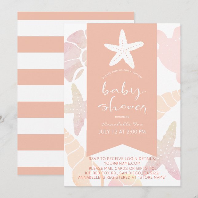 Starfish & Seashells Pink Virtual Baby Shower Invitation (Front/Back)