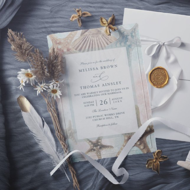Starfish Seashells Tropical Beach Elegant Wedding Invitation (Creator Uploaded)