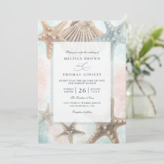 Starfish Seashells Tropical Beach QR Code Wedding Invitation