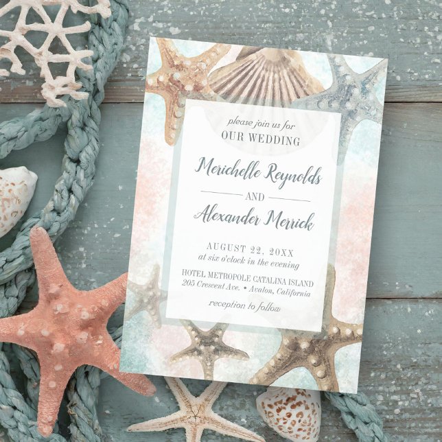 Starfish Seashells Tropical Beach Wedding Invitation (Creator Uploaded)