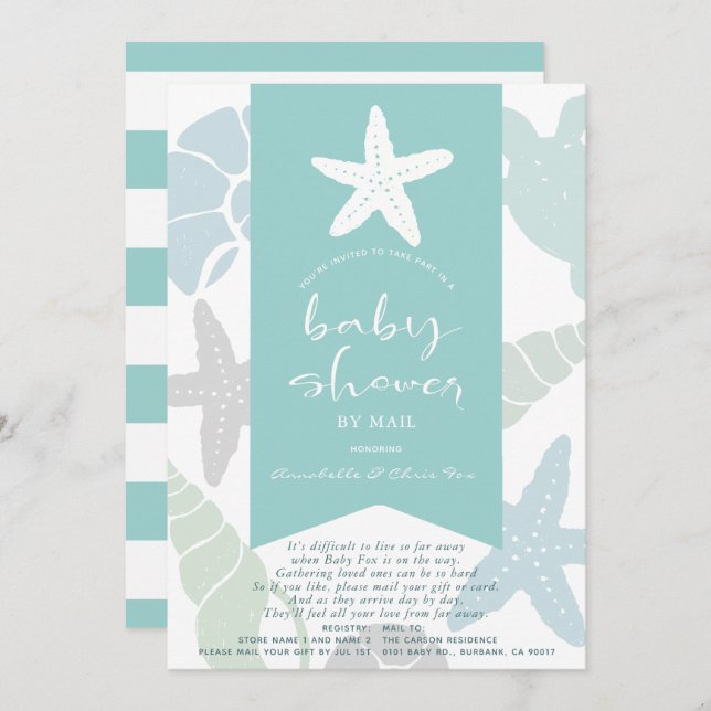 Starfish & Seashells Turquoise Baby Shower by Mail Invitation (Front/Back)