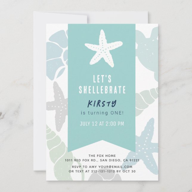 Starfish & Seashells Turquoise Blue 1st Birthday Invitation (Front)