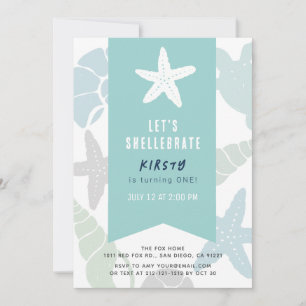 Starfish & Seashells Turquoise Blue 1st Birthday Invitation