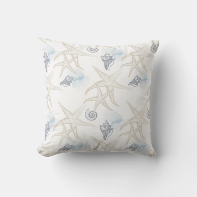 Starfish Shell White Blue Beach Throw Pillow (Front)