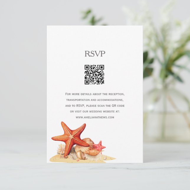 Starfish shells beach nautical wedding RSVP card (Standing Front)