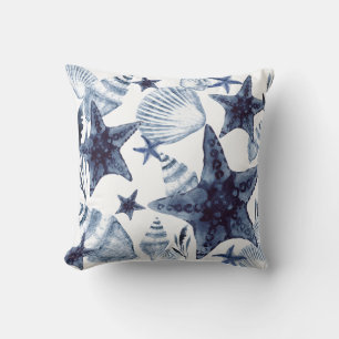 Starfish Shells Navy Blue And White Beachy Pattern Cushion