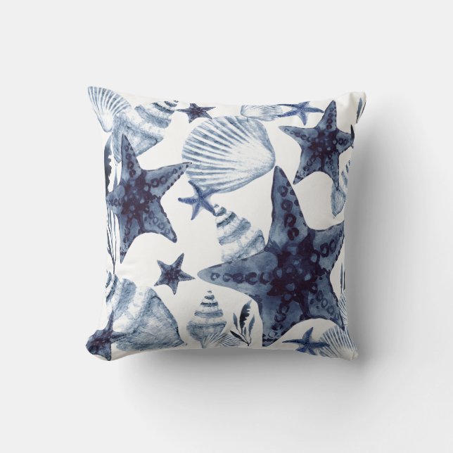 Starfish Shells Navy Blue And White Beachy Pattern Cushion (Front)