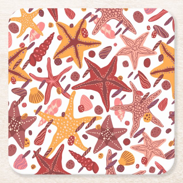 Starfish Shells: Scandinavian Sea Pattern Square Paper Coaster (Front)