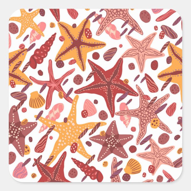 Starfish Shells: Scandinavian Sea Pattern Square Sticker (Front)