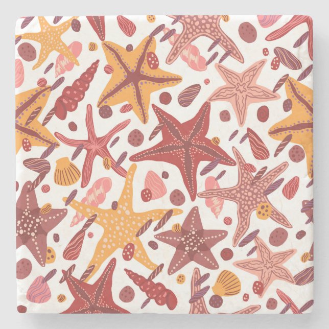 Starfish Shells: Scandinavian Sea Pattern Stone Coaster (Front)