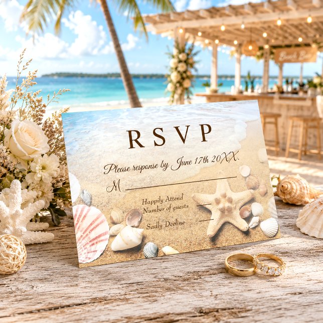 Starfish Shells Tropical Beach Wedding RSVP Card (Creator Uploaded)