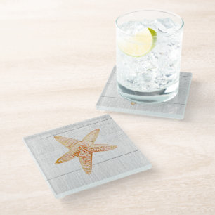 Starfish Shiplap Rustic Beach Decor Glass Coaster