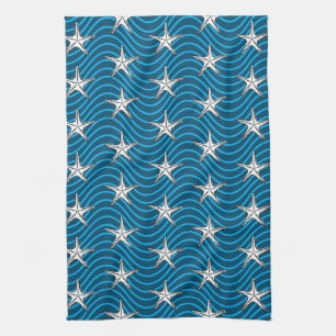 Starfish Sketch Blue Wave Patterns Tea Towel