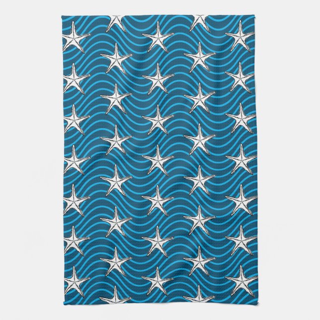 Starfish Sketch Blue Wave Patterns Tea Towel (Vertical)