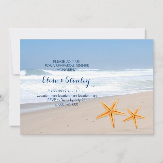 Starfish summer beach wedding rehearsal dinner invitation (Front)