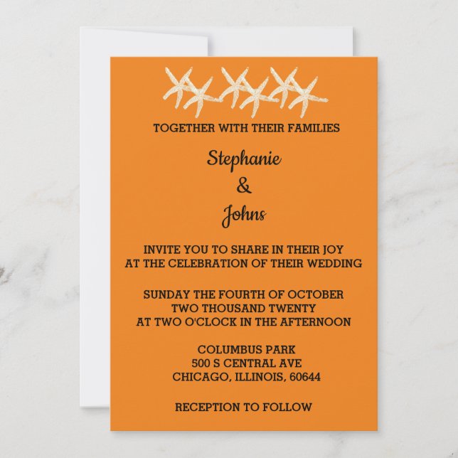 Starfish Sunset Orange Modern Colourful Wedding Invitation (Front)