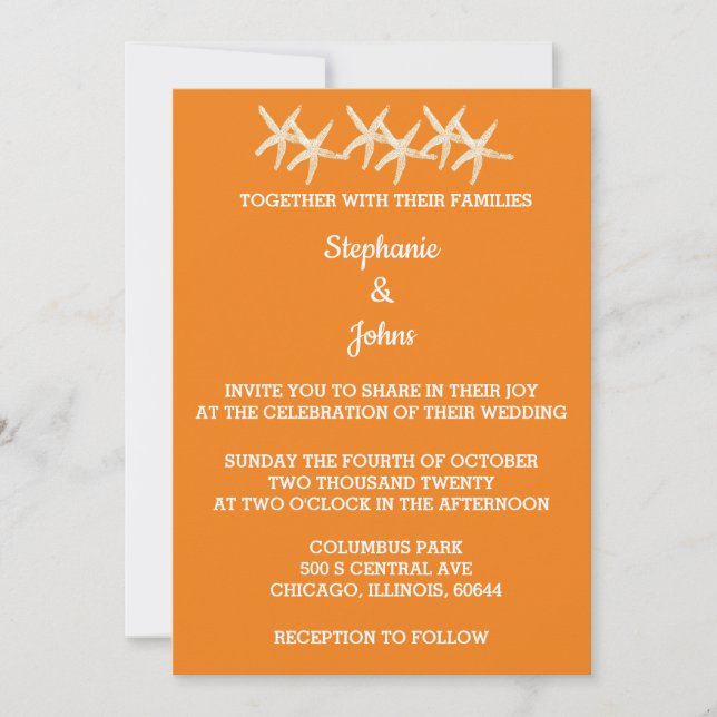 Starfish Sunset Orange White Colourful Wedding 202 Invitation (Front)