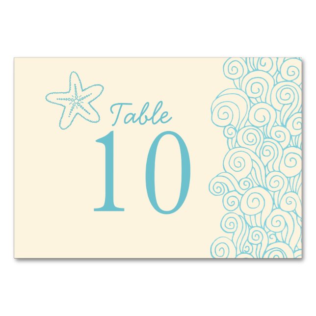 Starfish swirls aqua beach wedding table numbers (Front)