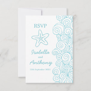 Starfish & swirls blue & white art wedding RSVP Card