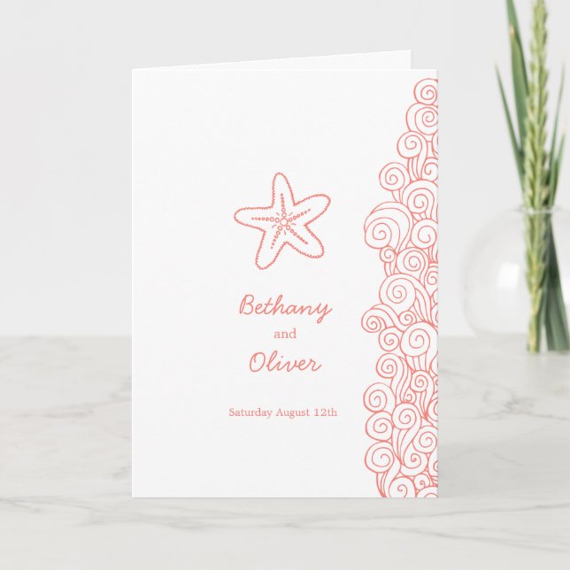Starfish swirls coral orange and white wedding programme (Front)