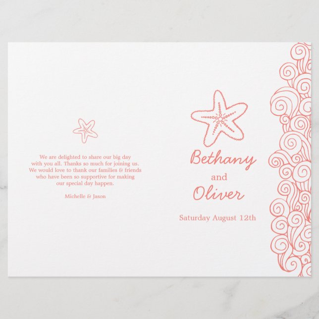 Starfish & swirls coral white wedding programs (Front)