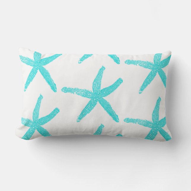 Starfish Teal Blue White Cute Patterns Cotton Lumbar Cushion (Front)