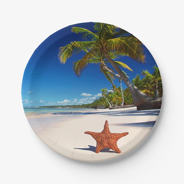 Starfish Tropical Sandy Beach Palm Tree Island Paper Plate (Front)