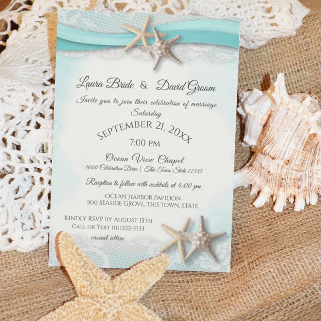 Starfish Tropical Vintage Beach Turquoise Wedding Invitation (Creator Uploaded)