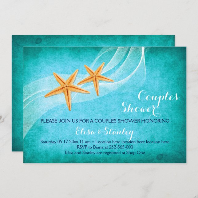 Starfish turquoise beach wedding couples shower invitation (Front/Back)