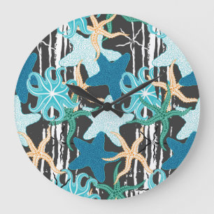 Starfish Vintage: Dark Striped Background. Large Clock