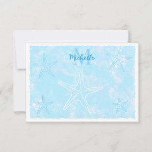 Starfish Watercolor Custom Monogram Pastel Blue  Card