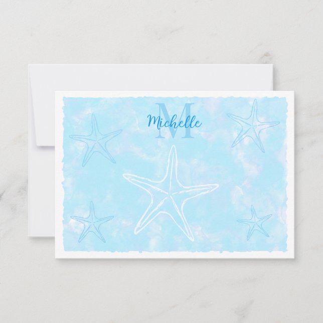 Starfish Watercolor Custom Monogram Pastel Blue  Card (Front)