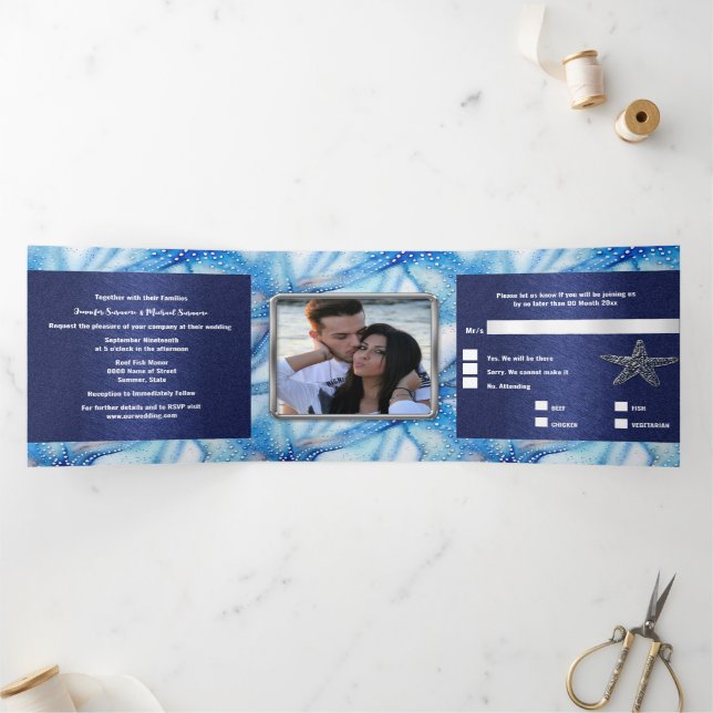 Starfish watercolor pattern couples beach photo  Tri-Fold invitation (Inside)
