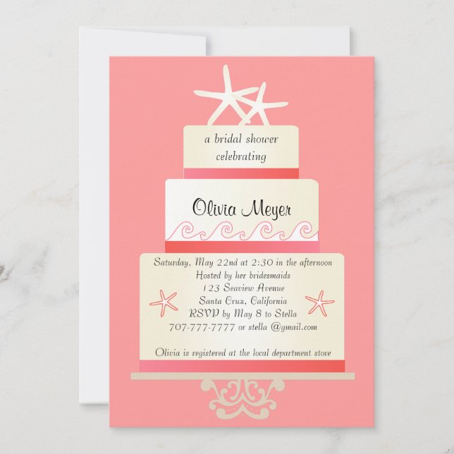 Starfish Wedding Cake Invitations - Coral (Front)