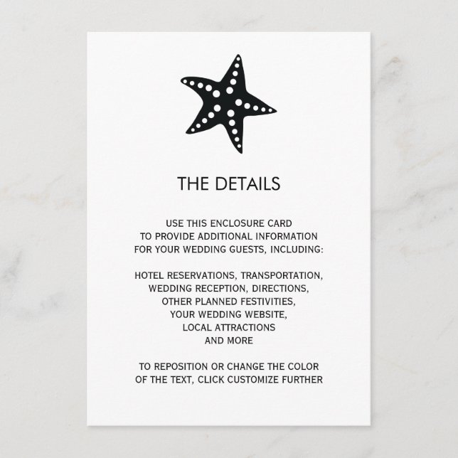 Starfish Wedding Invitation Enclosure Card, Black (Front)