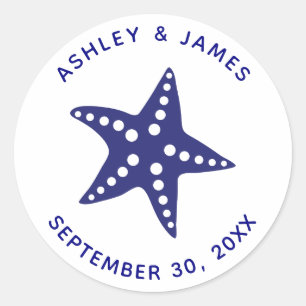 Starfish Wedding Stickers, Navy Blue Beach Theme Classic Round Sticker