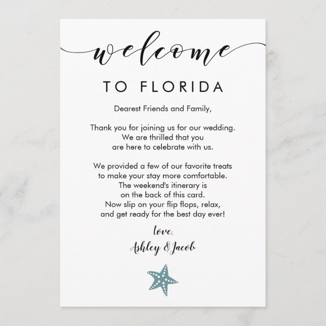 Starfish Wedding Welcome Letter & Itinerary Card (Front)