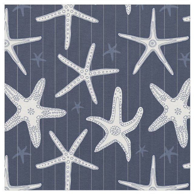 Starfish White and Navy Blue Stripes Beach Fabric (Close Up)