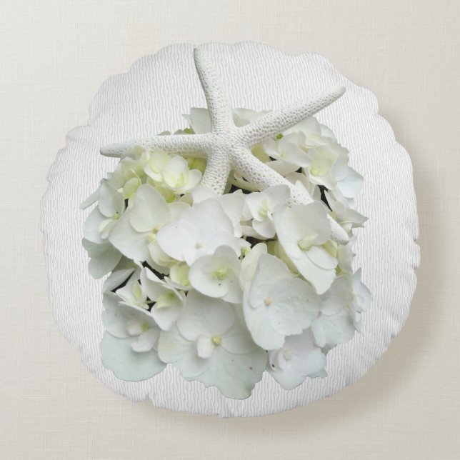 Starfish White Floral Hydrangea Flower Accent Round Cushion (Front)
