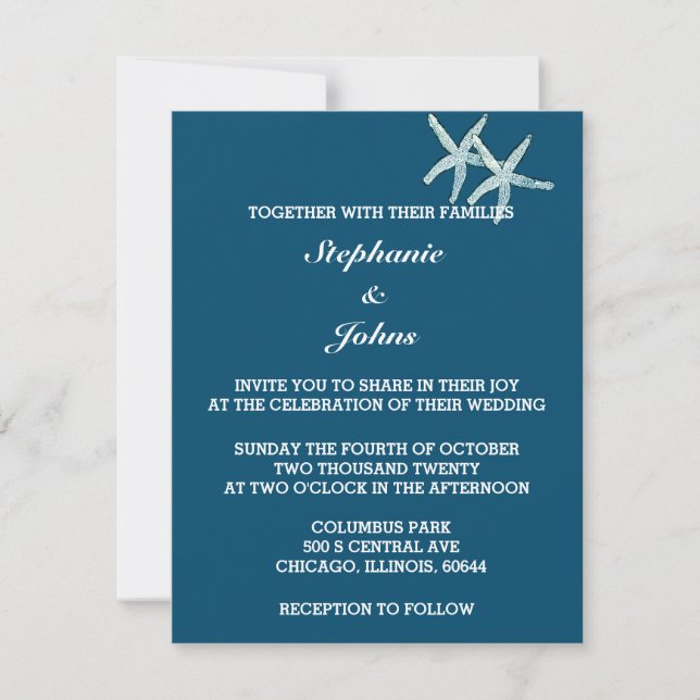 Starfish White Ocean Blue Custom Colour Wedding Invitation (Front)