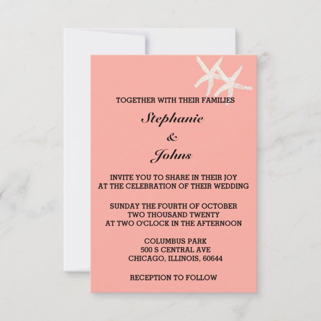 Starfish White Salmon Orange Custom Colour Wedding Invitation (Front)